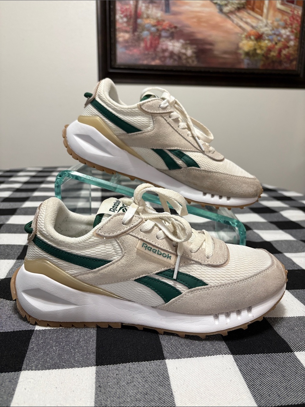Reebok Galaxy 16 Ortho Lite Sneaker Shoe Suede Off White Cream Green Women's 7.5